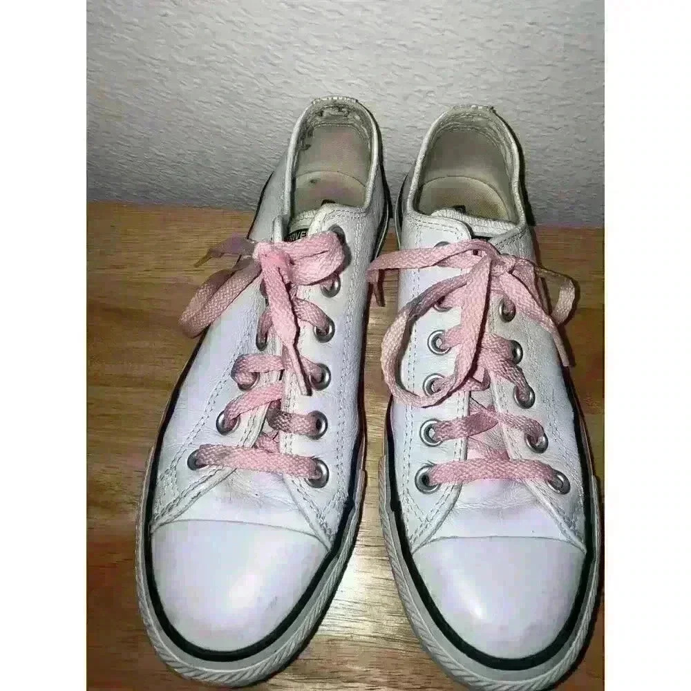 Converse All Start White Leather Lop Tops with Pink Laces Mens sz 5 Womens sz 7 - Picture 1 of 12